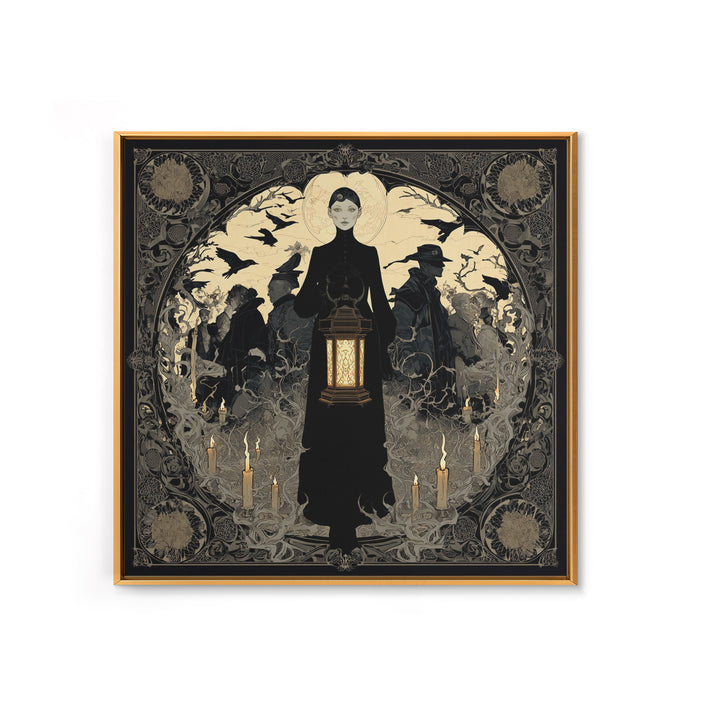 The Bone-Handled Lantern, Decadent Line Art, Square Wall Art, Gothic Horror Wall Art, Framed Canvas Print, Halloween Wall Art