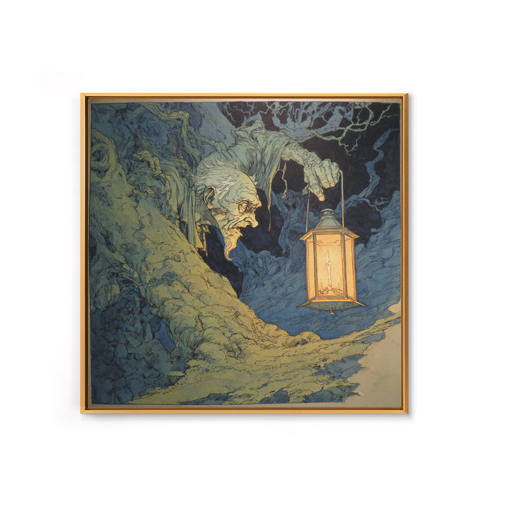 The Bone-Handled Lantern, Gothic Storybook Art, Square Wall Art, Gothic Horror Wall Art, Framed Canvas Print, Halloween Wall Art