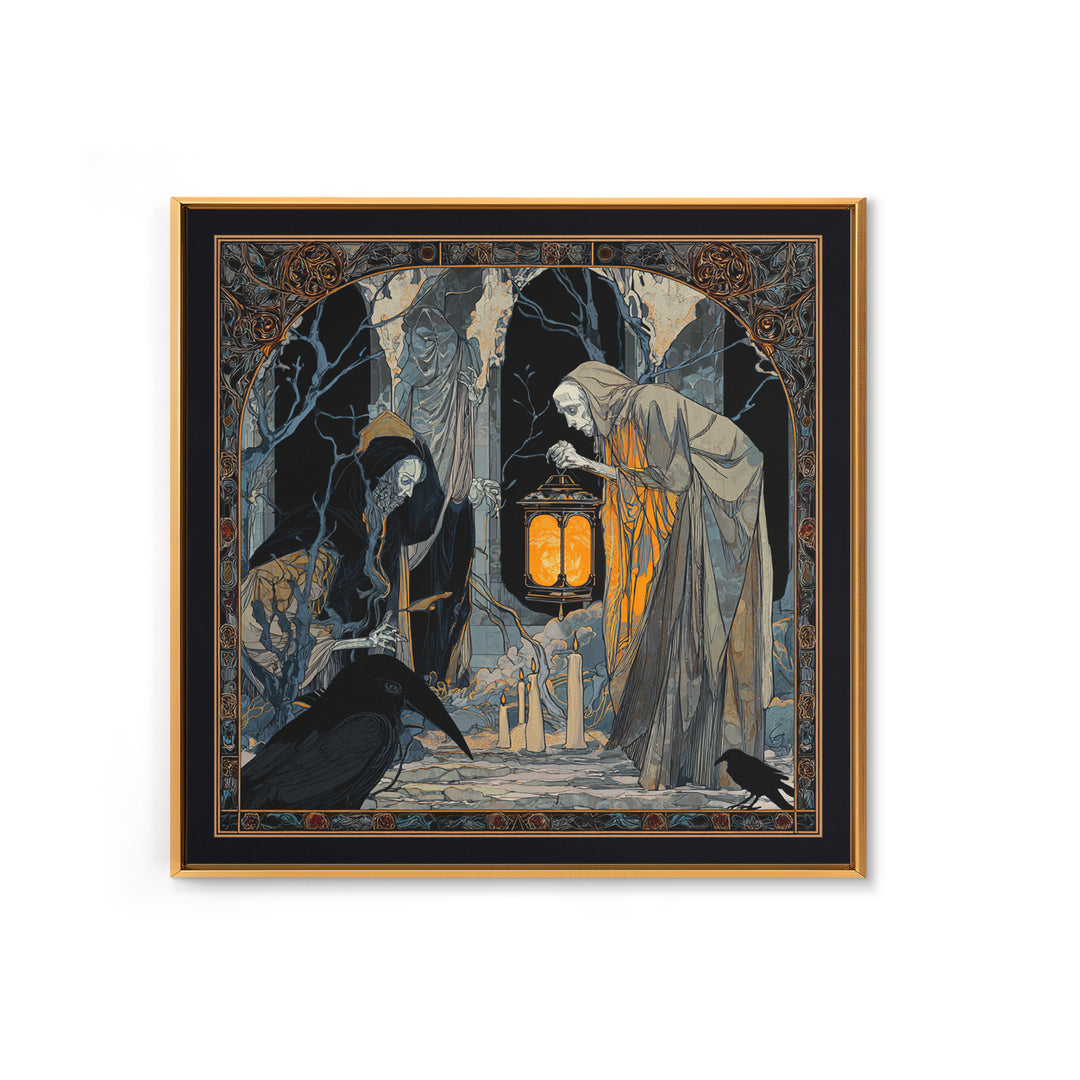 The Bone-Handled Lantern, Stained Glass Gothic Art, Square Wall Art, Gothic Horror Wall Art, Framed Canvas Print, Halloween Wall Art