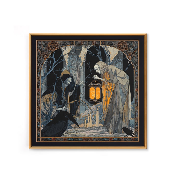 The Bone-Handled Lantern, Stained Glass Gothic Art, Square Wall Art, Gothic Horror Wall Art, Framed Canvas Print, Halloween Wall Art