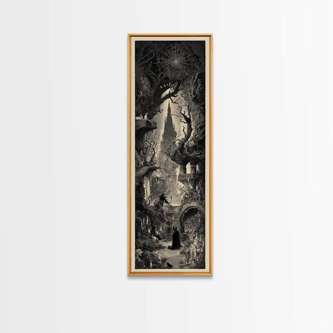 The Spiderweb Crown, Gothic Engraving Art, Tall Narrow Wall Art, Dark Fantasy Wall Art, Framed Canvas Print, Halloween Wall Art