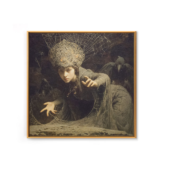 The Spiderweb Crown, Symbolist Etching Art, Square Wall Art, Dark Fantasy Wall Art, Canvas Print, Halloween Wall Art
