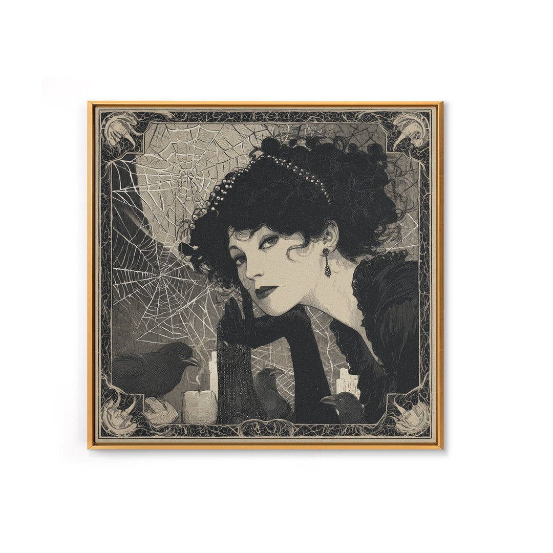 The Spiderweb Crown, Decadent Line Art, Square Wall Art, Gothic Horror Wall Art, Canvas Print, Halloween Wall Art