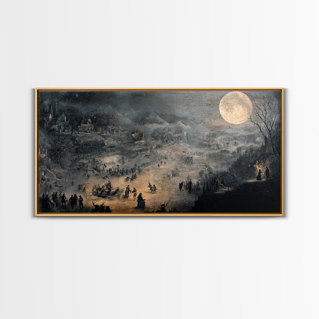 The Moonstone Amulet, Northern Renaissance Horror, Wide Panoramic Art, Dark Halloween Decor, Framed Canvas Print