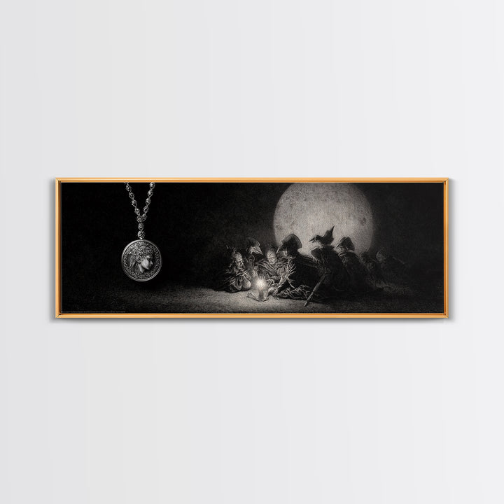 The Moonstone Amulet, Renaissance Engraving Art, Extra Wide Wall Art, Macabre Wall Art, Canvas Print, Halloween Wall Art