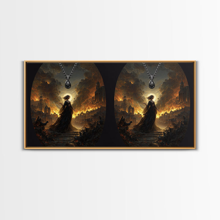 The Moonstone Amulet, Apocalyptic Romantic Art, Wide Panoramic Art, Dark Fantasy Wall Art, Framed Canvas Print, Halloween Wall Art