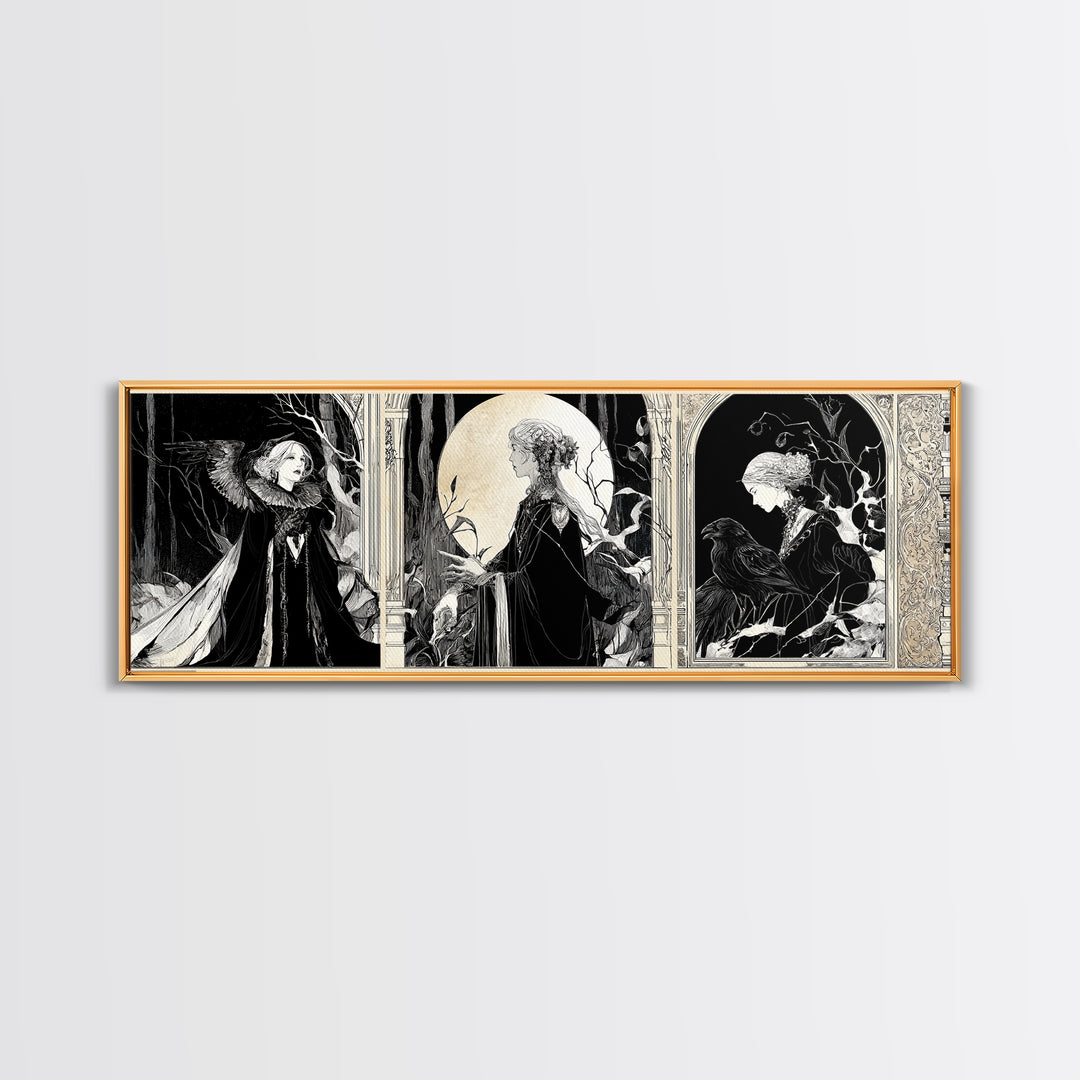 The Moonstone Amulet, Decadent Line Art, Extra Wide Wall Art, Macabre Wall Art, Framed Canvas Print, Halloween Wall Art