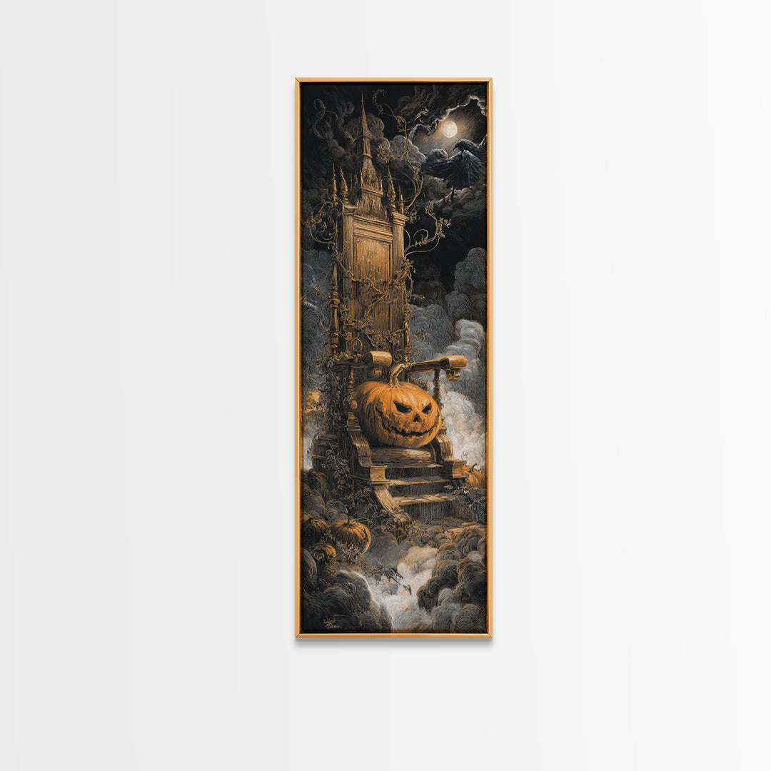 The Jack-O'-Lantern Throne, Gothic Engraving Art, Tall Narrow Wall Art, Dark Halloween Decor, Framed Canvas Print, Halloween Wall Art