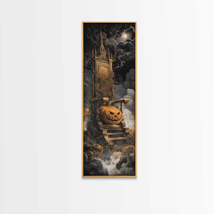 The Jack-O'-Lantern Throne, Gothic Engraving Art, Tall Narrow Wall Art, Dark Halloween Decor, Framed Canvas Print, Halloween Wall Art