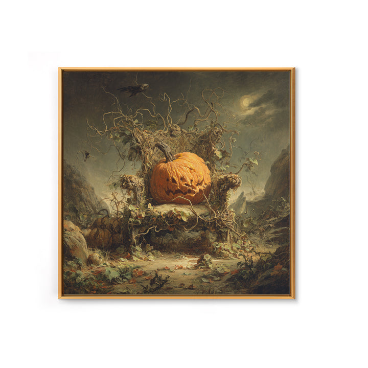 The Jack-O'-Lantern Throne, Baroque Witchcraft Art, Square Wall Art, Dark Halloween Decor, Framed Canvas Print, Halloween Wall Art