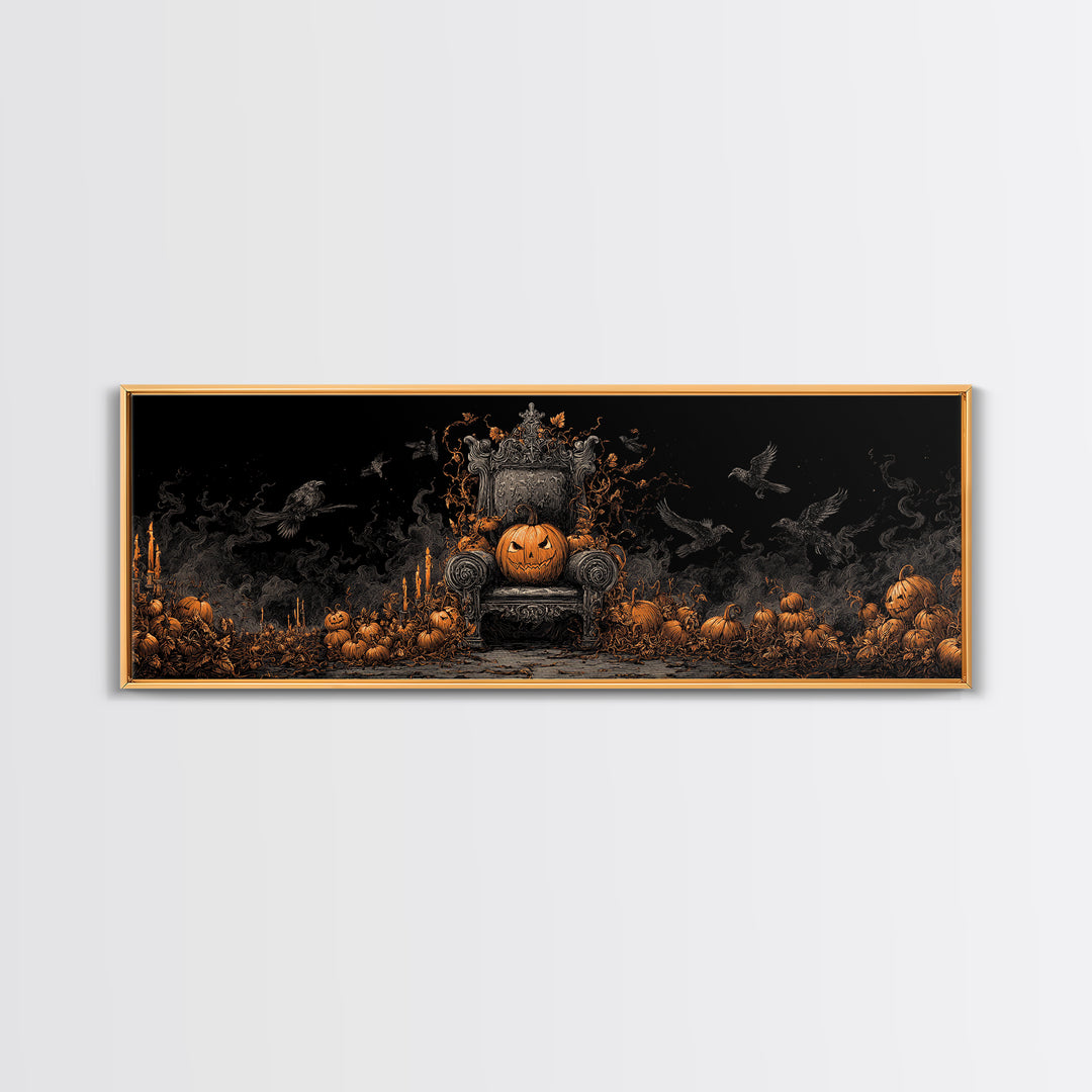 The Jack-O'-Lantern Throne, Dark Romantic Horror Art, Extra Wide Wall Art, Macabre Wall Art, Framed Canvas Print, Halloween Wall Art