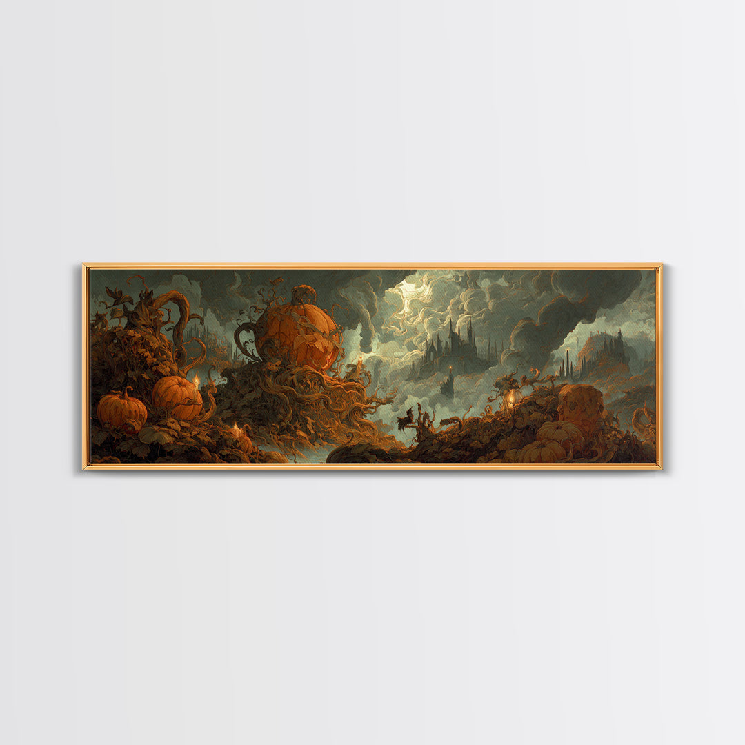 The Jack-O'-Lantern Throne, Apocalyptic Romantic Art, Extra Wide Wall Art, Macabre Wall Art, Framed Canvas Print, Halloween Wall Art