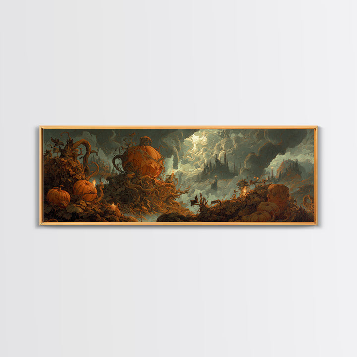 The Jack-O'-Lantern Throne, Apocalyptic Romantic Art, Extra Wide Wall Art, Macabre Wall Art, Framed Canvas Print, Halloween Wall Art