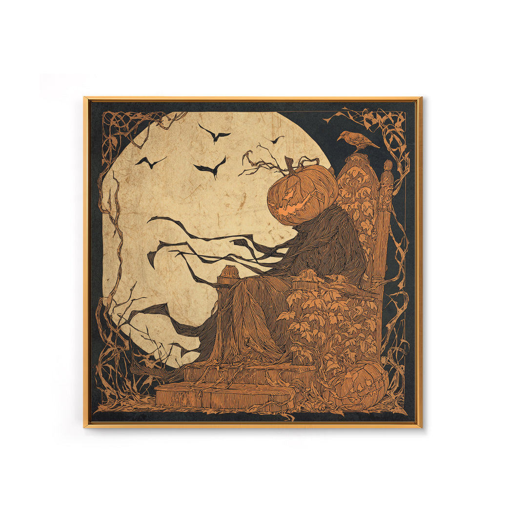 The Jack-O'-Lantern Throne, Decadent Line Art, Square Wall Art, Dark Halloween Decor, Framed Canvas Print, Halloween Wall Art