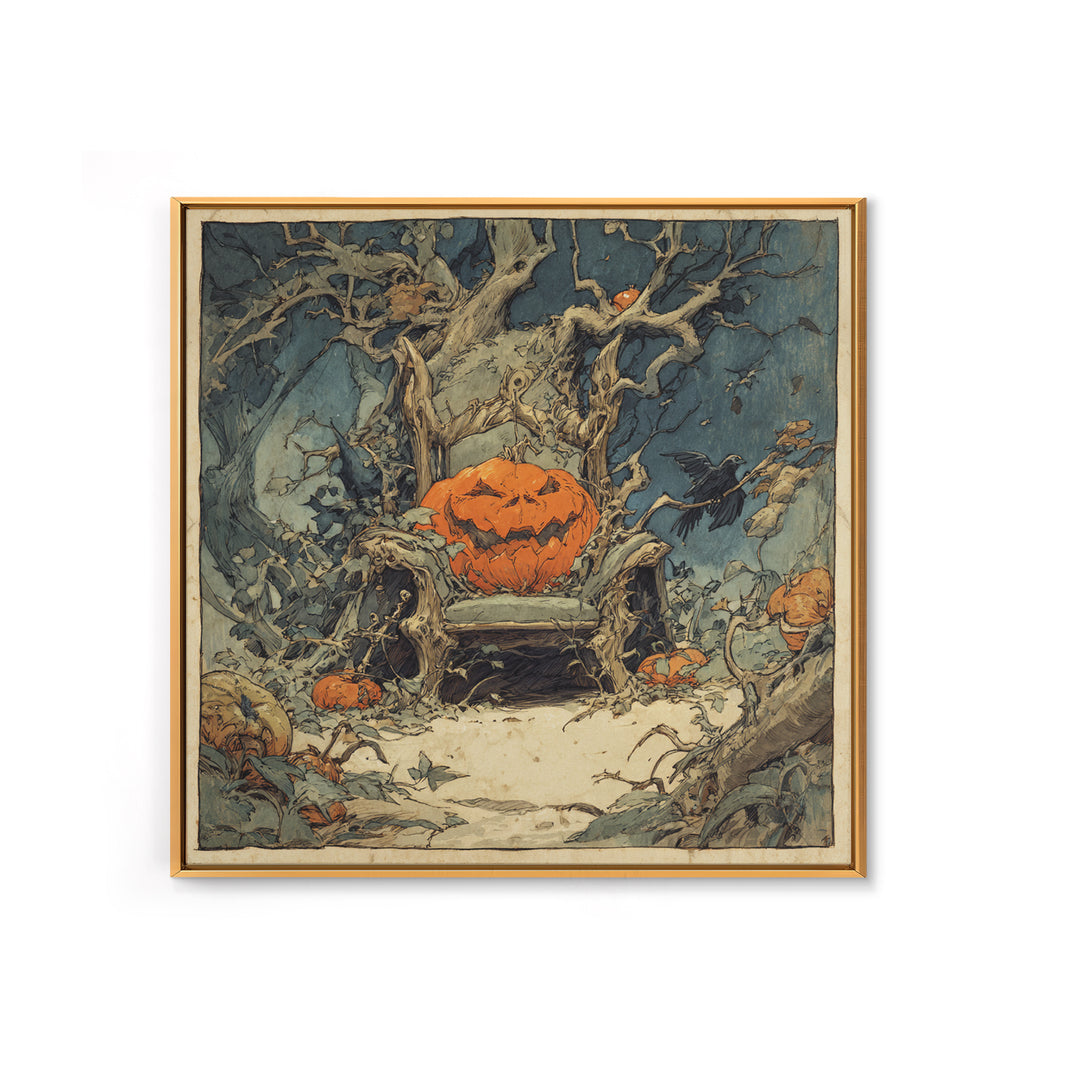 The Jack-O'-Lantern Throne, Gothic Storybook Art, Square Wall Art, Macabre Wall Art, Canvas Print, Halloween Wall Art