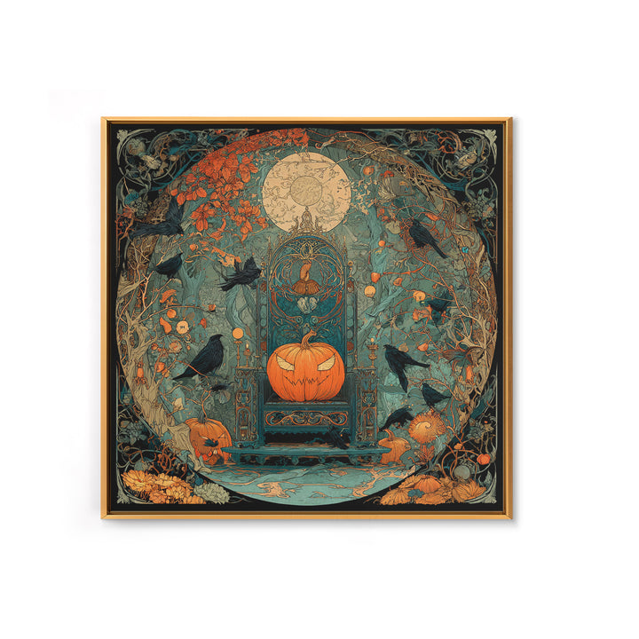 The Jack-O'-Lantern Throne, Stained Glass Gothic Art, Square Wall Art, Macabre Wall Art, Framed Canvas Print, Halloween Wall Art
