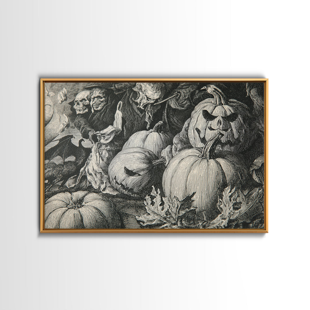 Vintage Orange-And-Black Halloween, Renaissance Engraving Art, Landscape Wall Art, Dark Fantasy Wall Art, Framed Canvas Print