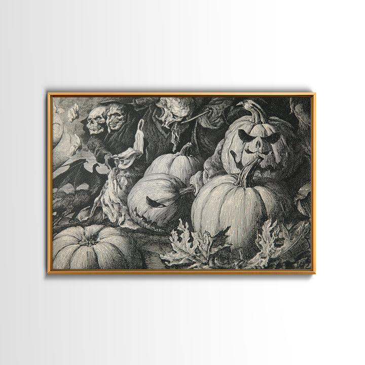 Vintage Orange-And-Black Halloween, Renaissance Engraving Art, Landscape Wall Art, Dark Fantasy Wall Art, Framed Canvas Print