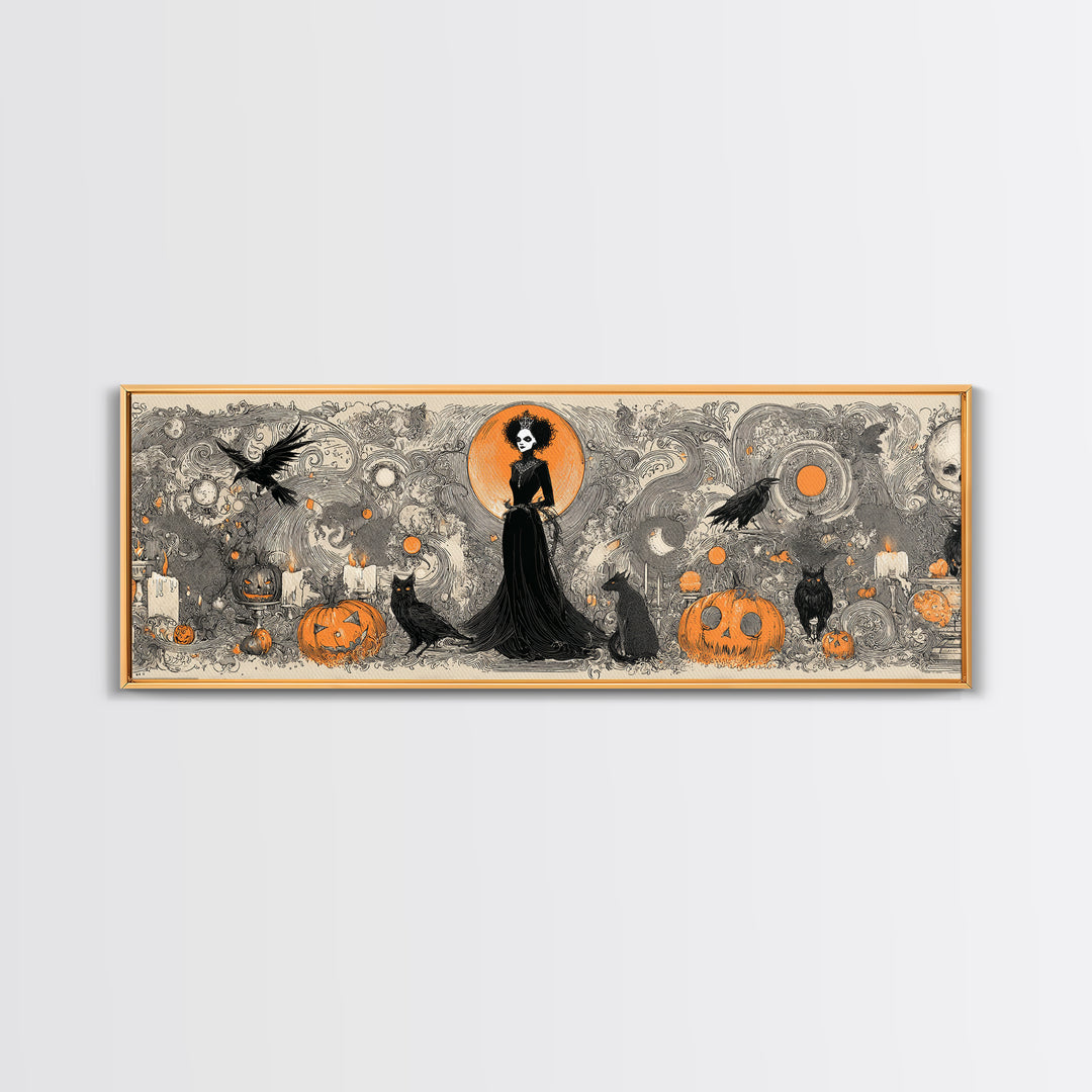 Vintage Orange-And-Black Halloween, Decadent Line Art, Extra Wide Wall Art, Macabre Wall Art, Canvas Print, Halloween Wall Art