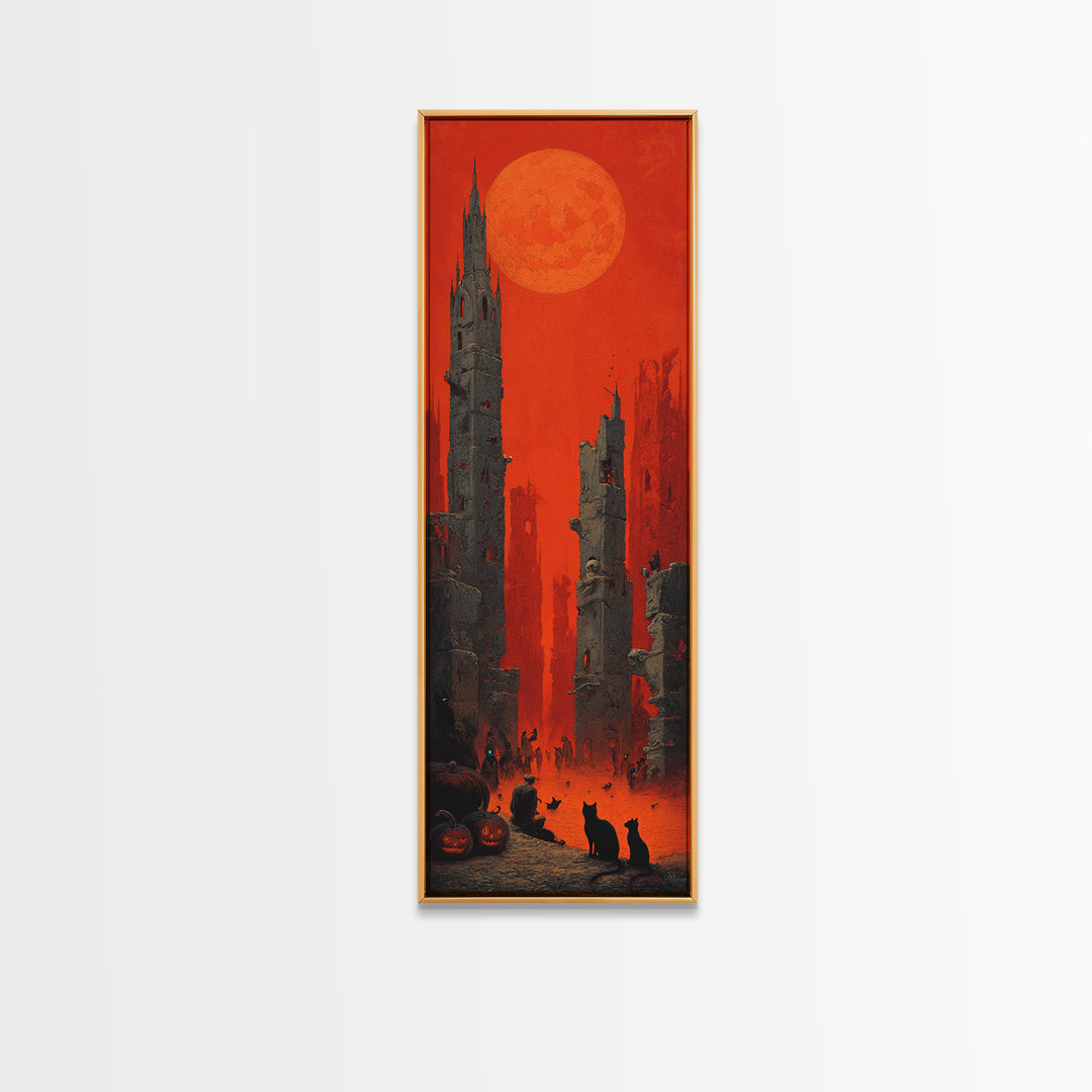 Vintage Orange-And-Black Halloween, Surreal Apocalyptic Art, Tall Narrow Wall Art, Macabre Wall Art, Framed Canvas Print