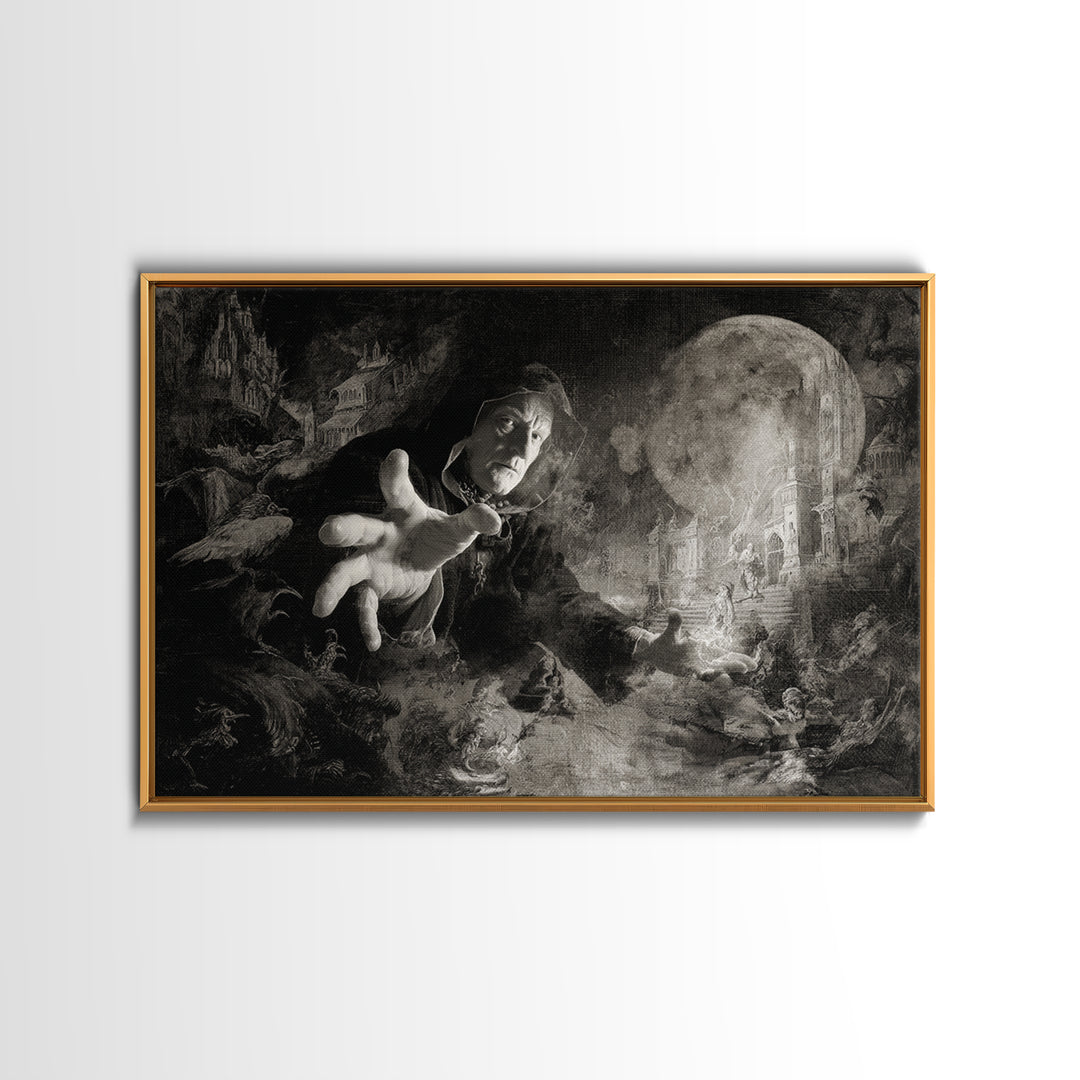 Monochrome Gothic Halloween, Medieval Grotesque Art, Landscape Wall Art, Dark Halloween Decor, Framed Canvas Print, Macabre Wall Art