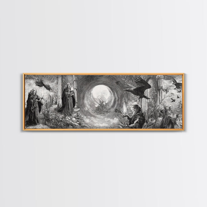 Monochrome Gothic Halloween, Renaissance Engraving Art, Extra Wide Wall Art, Gothic Horror Wall Art, Canvas Print, Halloween Wall Art