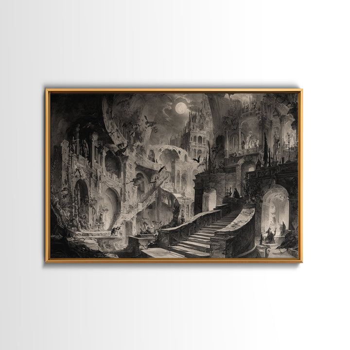 Monochrome Gothic Halloween, Architectural Etching Art, Landscape Wall Art, Dark Fantasy Wall Art, Canvas Print