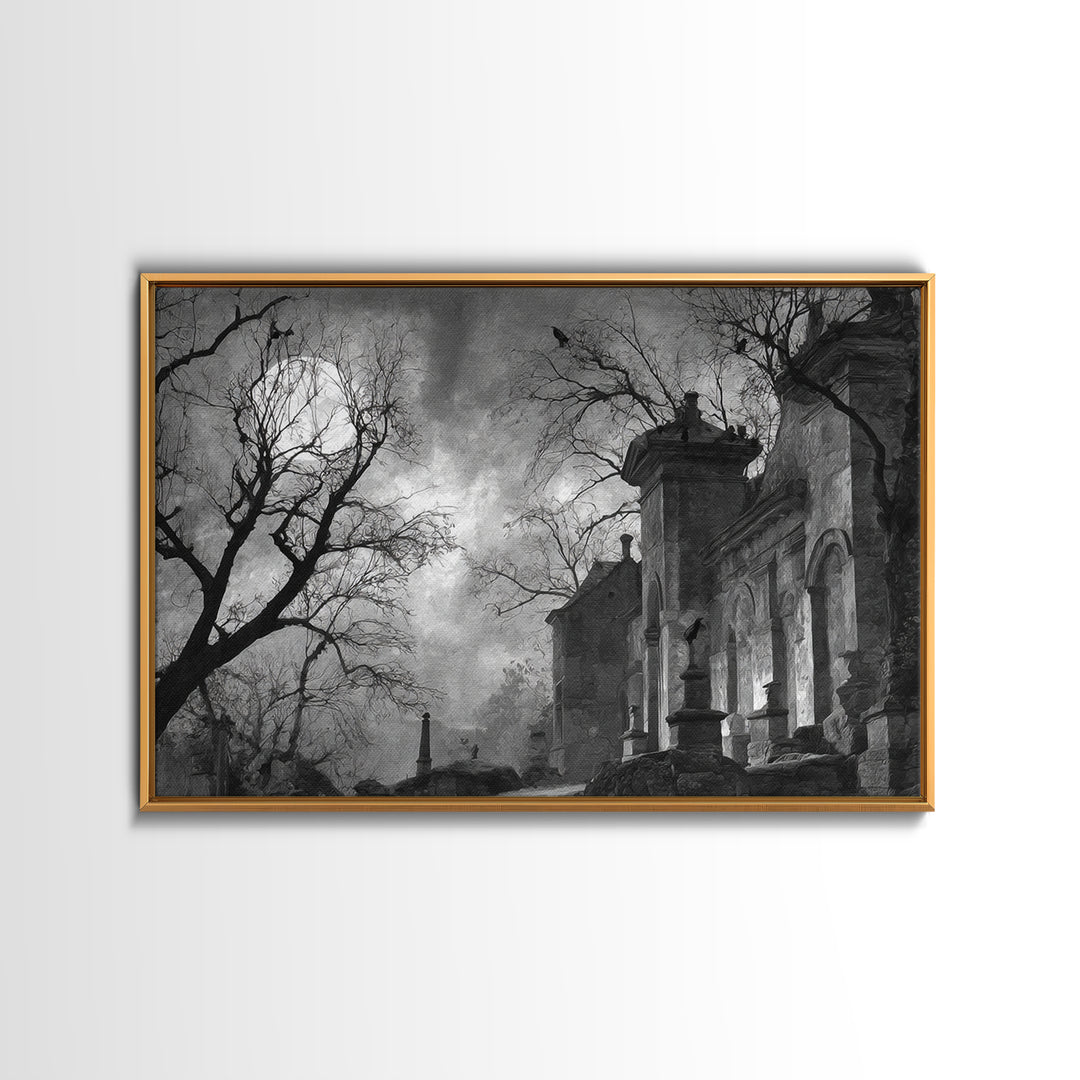 Monochrome Gothic Halloween, Romantic Gothic Landscape, Landscape Wall Art, Dark Fantasy Wall Art, Framed Canvas Print
