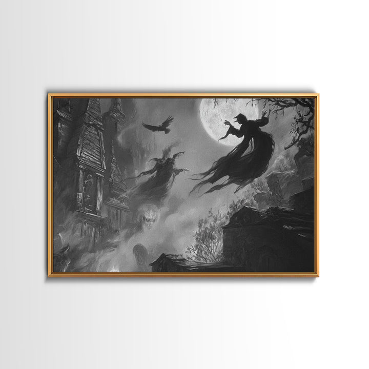 Monochrome Gothic Halloween, Expressionist Nightmare Art, Landscape Wall Art, Dark Halloween Decor, Framed Canvas Print, Halloween Wall Art