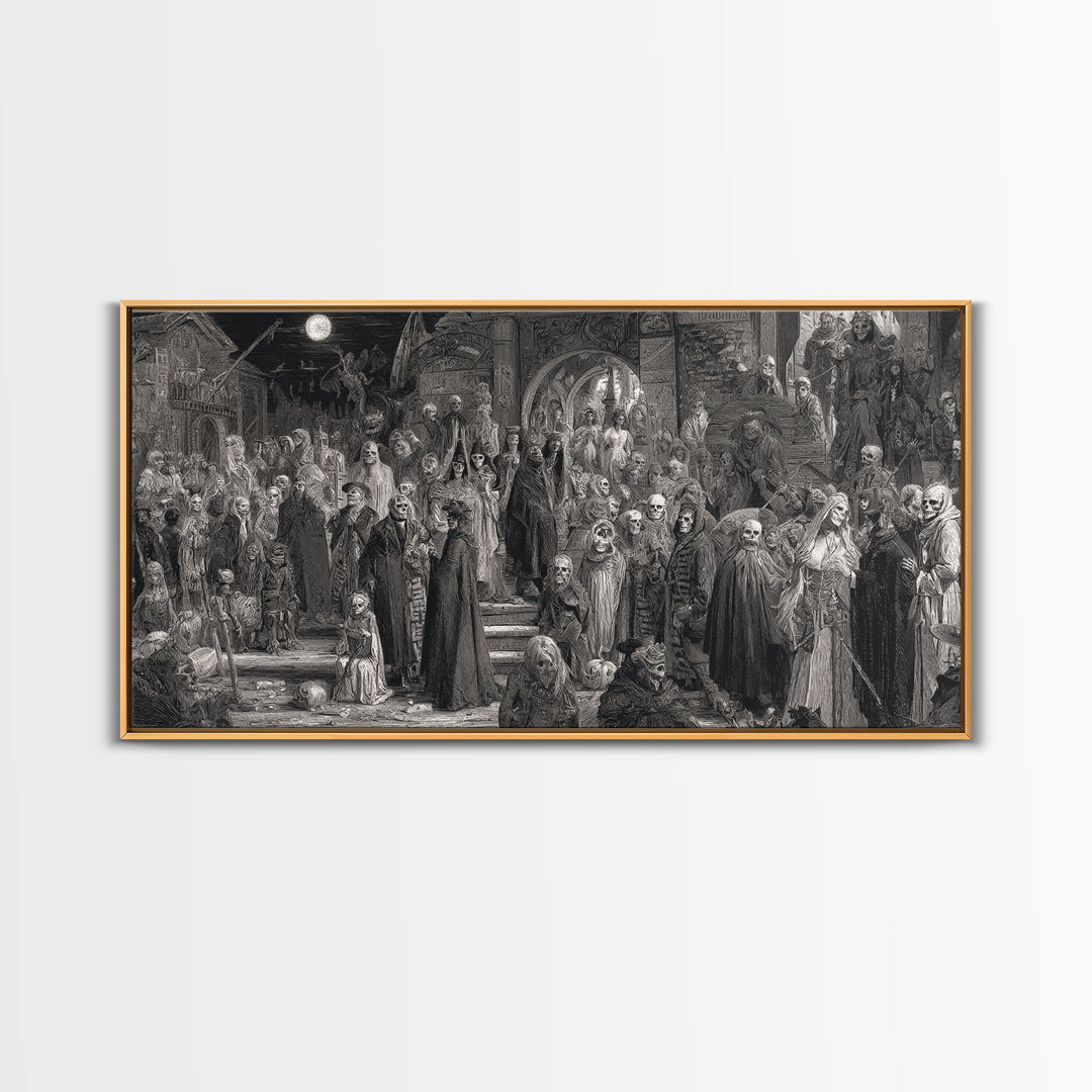 Monochrome Gothic Halloween, Grotesque Carnival Art, Wide Panoramic Art, Dark Halloween Decor, Canvas Print, Halloween Wall Art