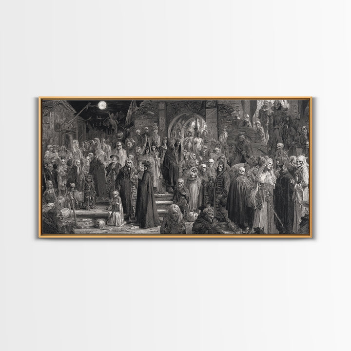 Monochrome Gothic Halloween, Grotesque Carnival Art, Wide Panoramic Art, Dark Halloween Decor, Canvas Print, Halloween Wall Art