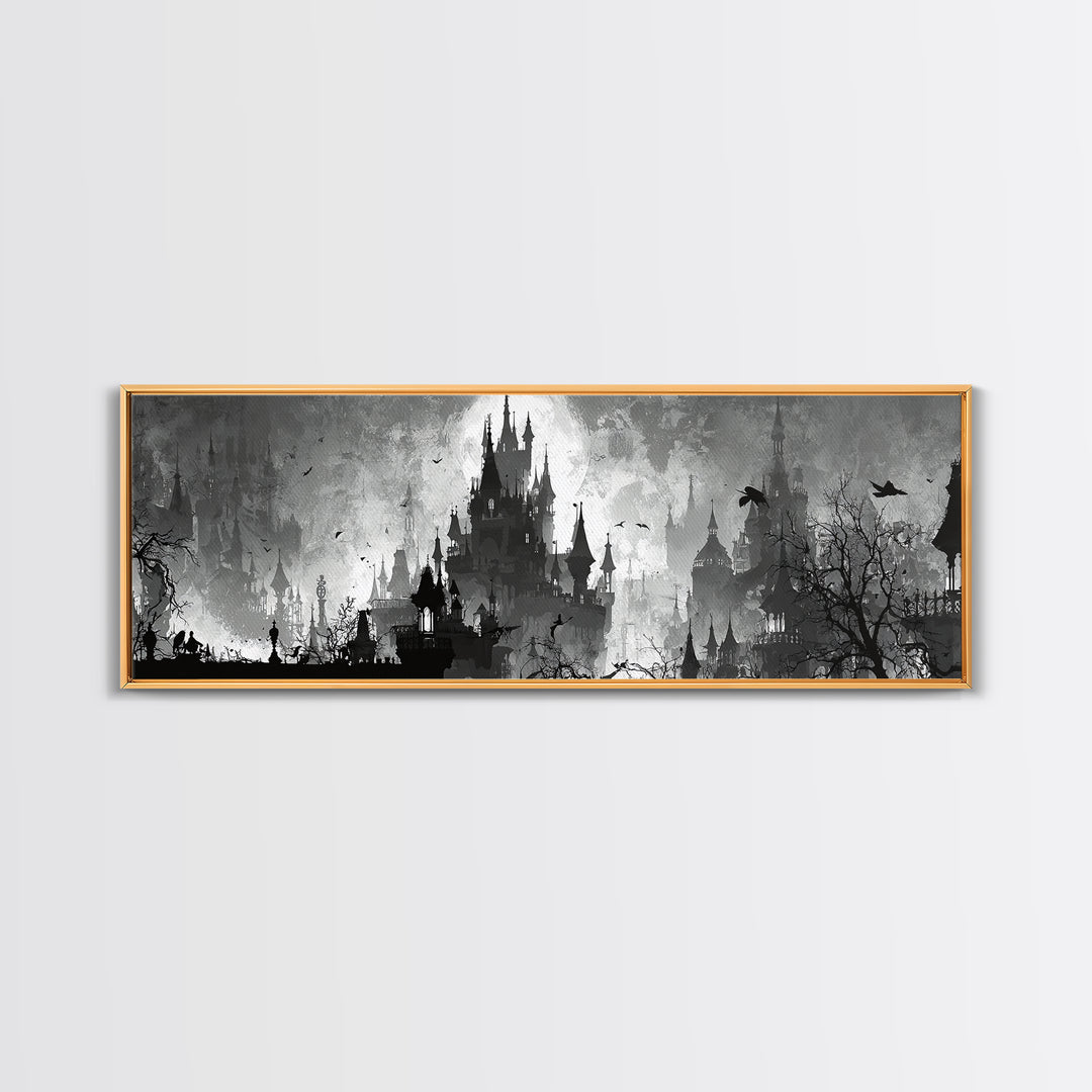Monochrome Gothic Halloween, Decadent Line Art, Extra Wide Wall Art, Dark Halloween Decor, Canvas Print, Halloween Wall Art