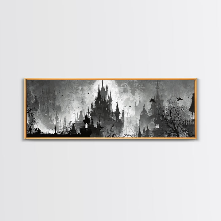 Monochrome Gothic Halloween, Decadent Line Art, Extra Wide Wall Art, Dark Halloween Decor, Canvas Print, Halloween Wall Art
