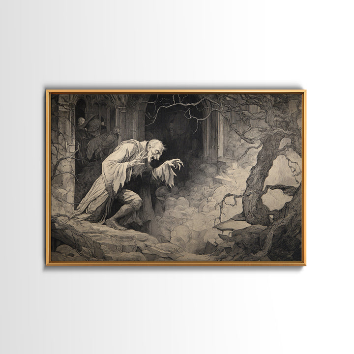 Monochrome Gothic Halloween, Gothic Storybook Art, Landscape Wall Art, Macabre Wall Art, Canvas Print, Halloween Wall Art