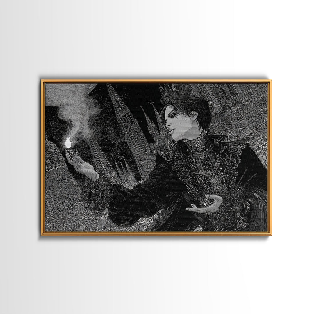 Monochrome Gothic Halloween, Stained Glass Gothic Art, Landscape Wall Art, Dark Halloween Decor, Framed Canvas Print, Halloween Wall Art