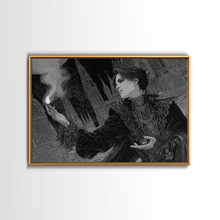 Monochrome Gothic Halloween, Stained Glass Gothic Art, Landscape Wall Art, Dark Halloween Decor, Framed Canvas Print, Halloween Wall Art