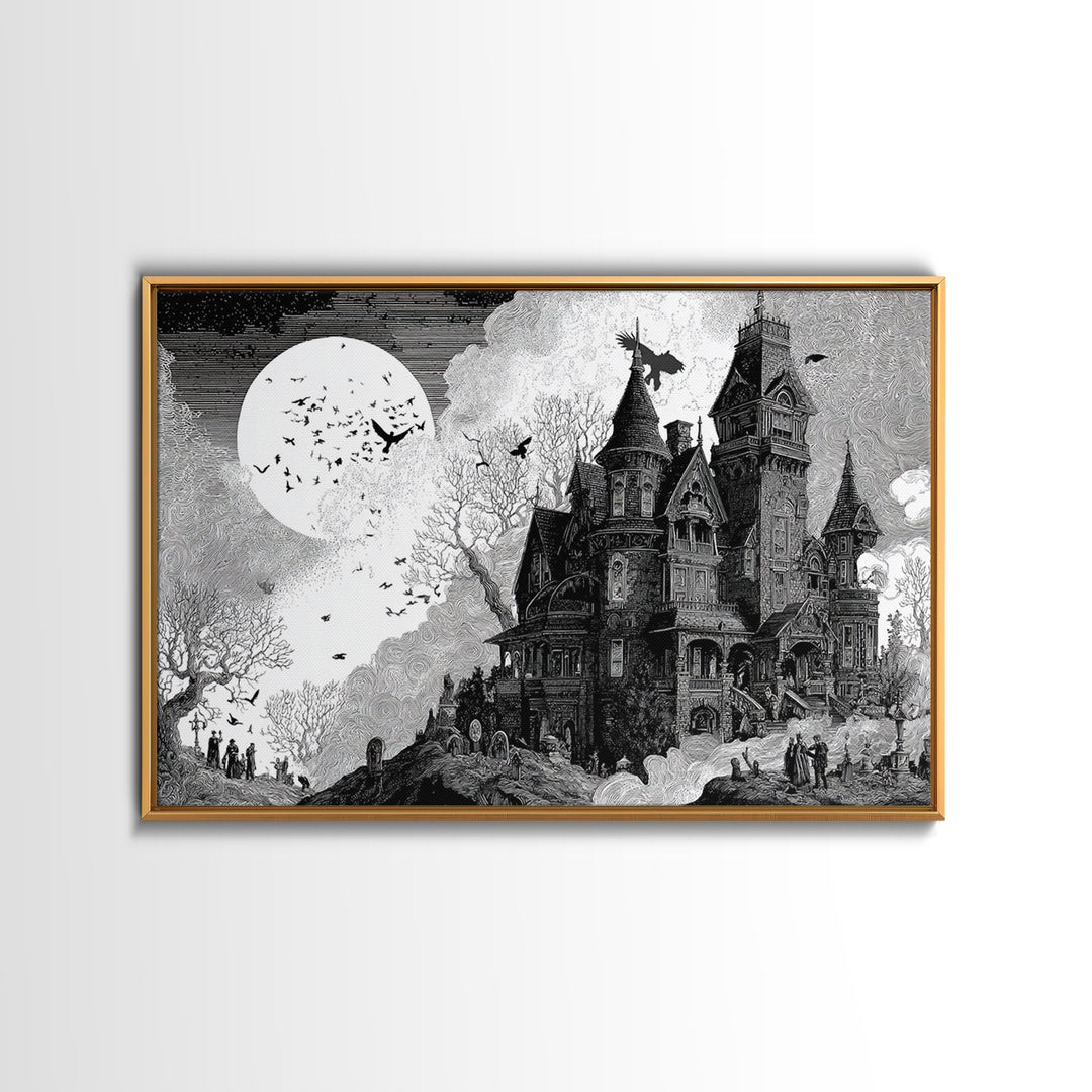 Monochrome Gothic Halloween, Victorian Macabre Art, Landscape Wall Art, Dark Halloween Decor, Canvas Print, Halloween Wall Art