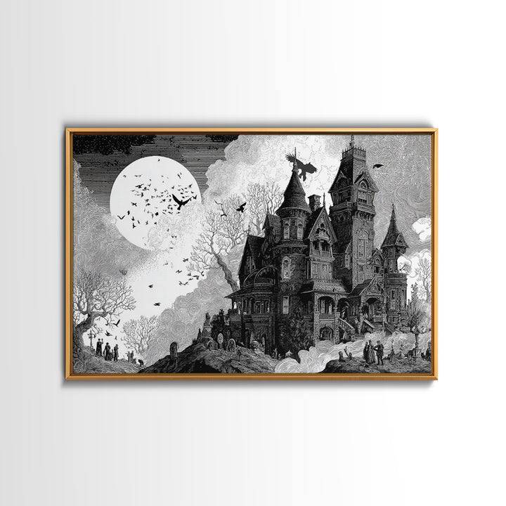 Monochrome Gothic Halloween, Victorian Macabre Art, Landscape Wall Art, Dark Halloween Decor, Canvas Print, Halloween Wall Art