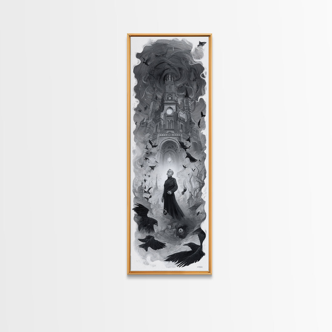 Monochrome Gothic Halloween, Surreal Apocalyptic Art, Tall Narrow Wall Art, Macabre Wall Art, Framed Canvas Print, Halloween Decor