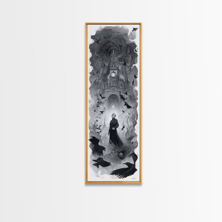 Monochrome Gothic Halloween, Surreal Apocalyptic Art, Tall Narrow Wall Art, Macabre Wall Art, Framed Canvas Print, Halloween Decor