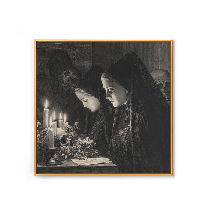 Victorian Mourning Halloween, Renaissance Engraving Art, Square Wall Art, Gothic Horror Wall Art, Canvas Print, Halloween Wall Art