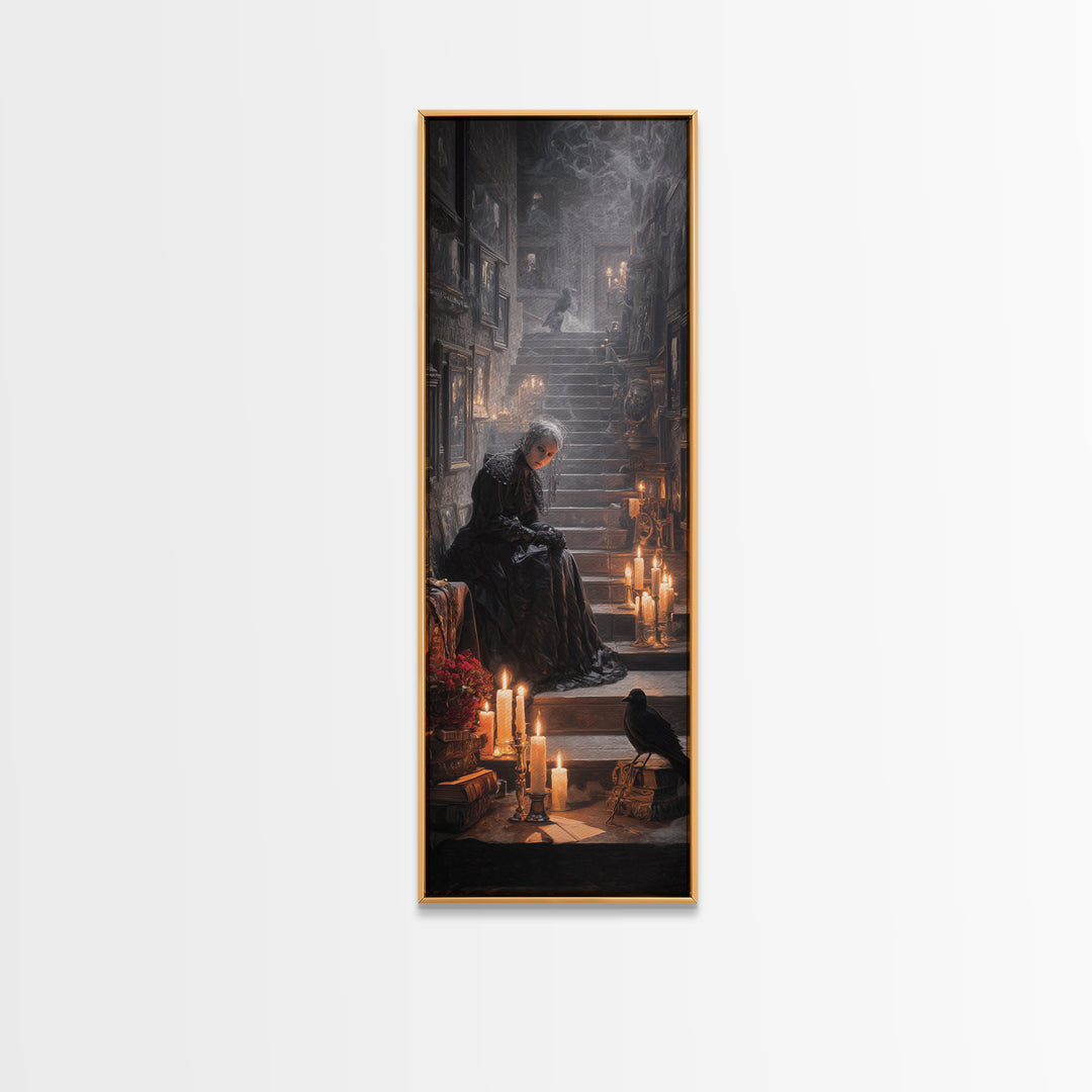 Victorian Mourning Halloween, Architectural Etching Art, Tall Narrow Wall Art, Gothic Horror Wall Art, Framed Canvas Print