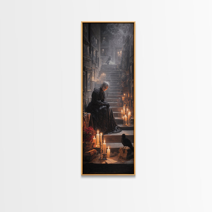 Victorian Mourning Halloween, Architectural Etching Art, Tall Narrow Wall Art, Gothic Horror Wall Art, Framed Canvas Print