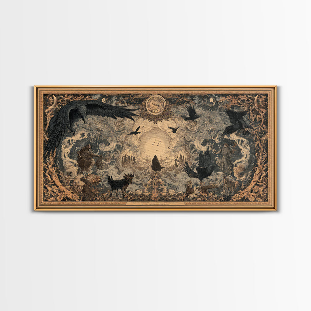 Art Nouveau Witchcraft, Northern Renaissance Horror, Wide Panoramic Art, Dark Fantasy Wall Art, Framed Canvas Print
