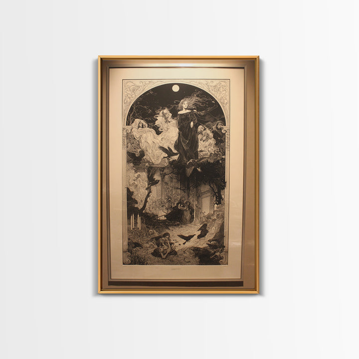 Art Nouveau Witchcraft, Renaissance Engraving Art, Vertical Wall Art, Macabre Wall Art, Framed Canvas Print, Halloween Wall Art