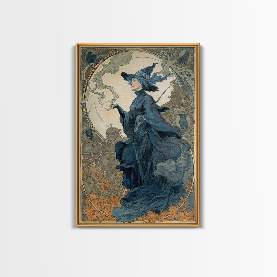 Art Nouveau Witchcraft, Symbolist Death Art, Vertical Wall Art, Dark Halloween Decor, Framed Canvas Print, Halloween Wall Art