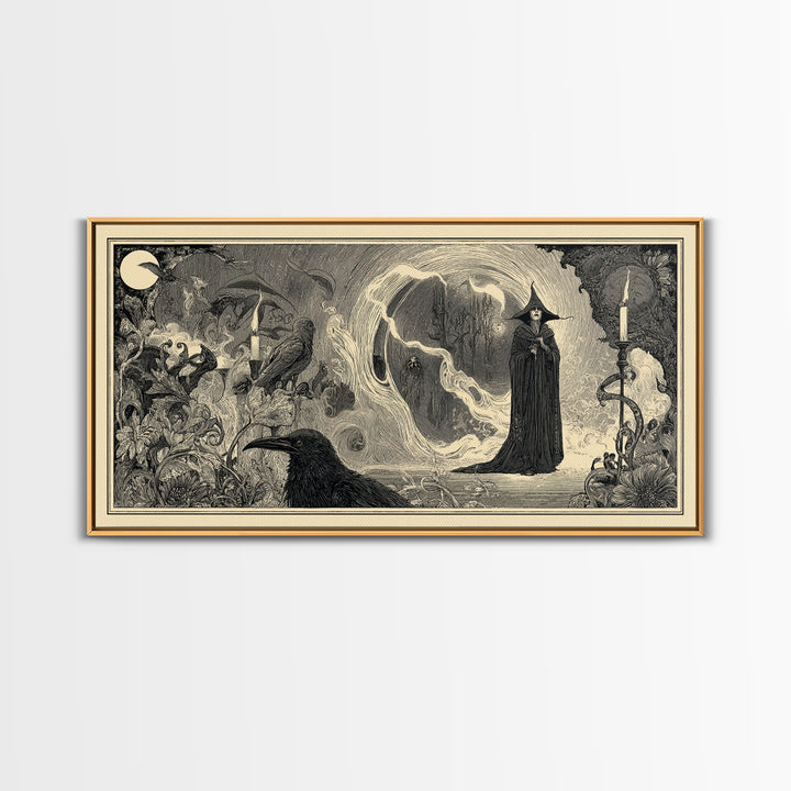 Art Nouveau Witchcraft, Expressionist Nightmare Art, Wide Panoramic Art, Dark Halloween Decor, Framed Canvas Print, Halloween Wall Art