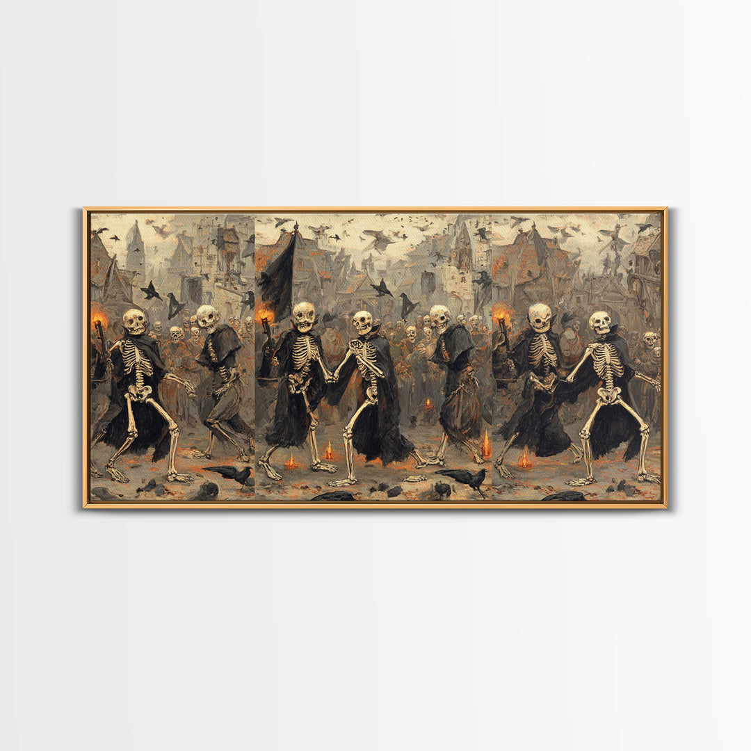 Medieval Danse Macabre, Northern Renaissance Horror, Wide Panoramic Art, Dark Fantasy Wall Art, Framed Canvas Print