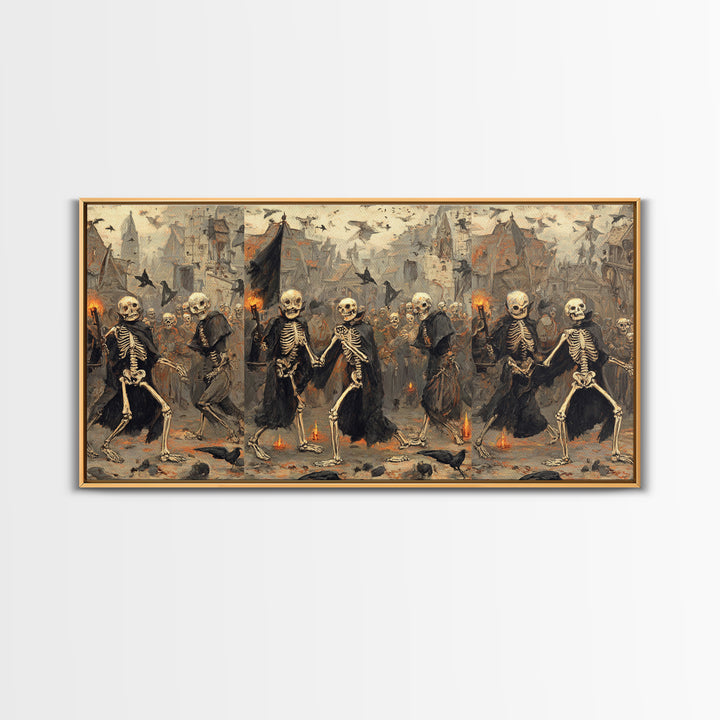 Medieval Danse Macabre, Northern Renaissance Horror, Wide Panoramic Art, Dark Fantasy Wall Art, Framed Canvas Print