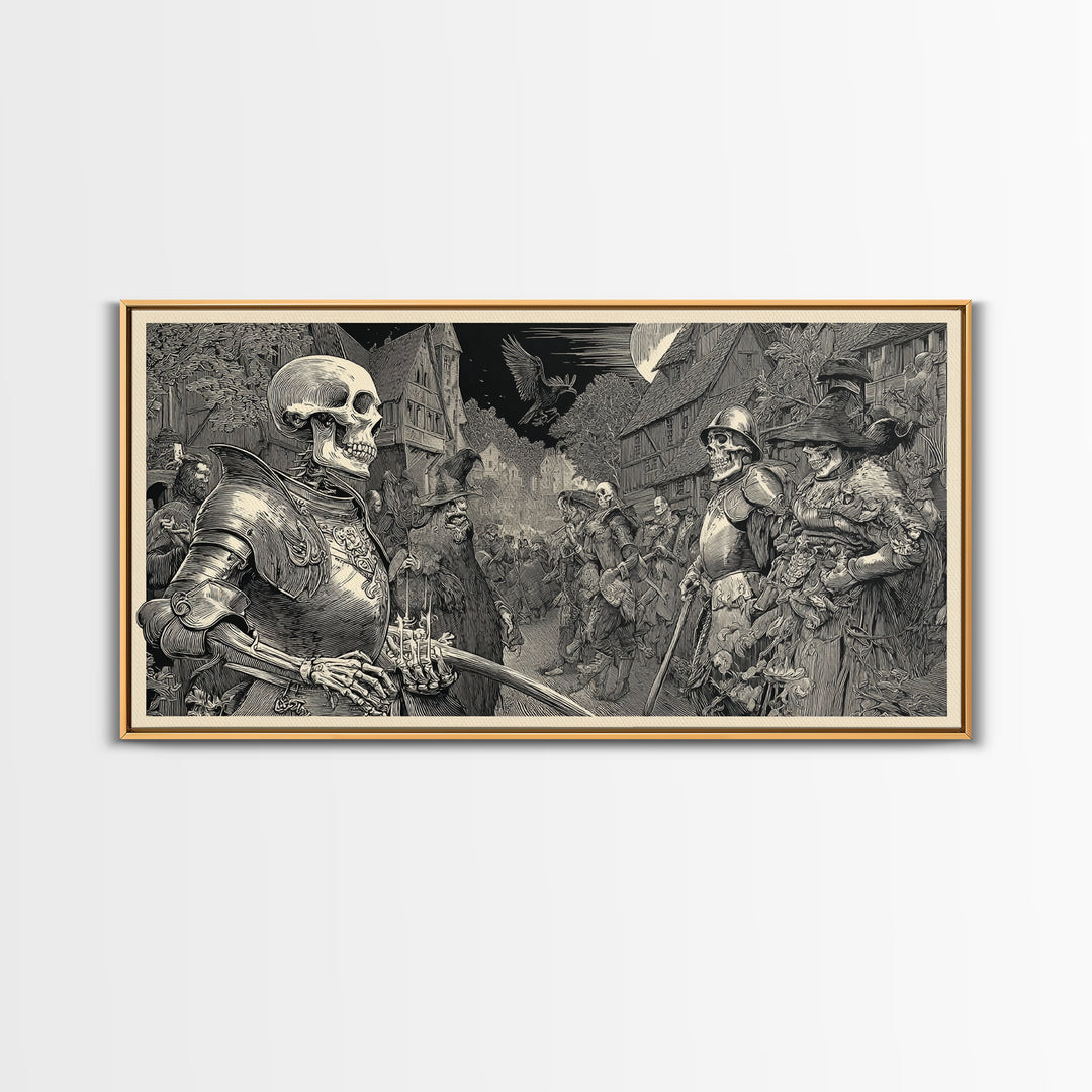 Medieval Danse Macabre, Renaissance Engraving Art, Wide Panoramic Art, Dark Fantasy Wall Art, Framed Canvas Print, Halloween Wall Art